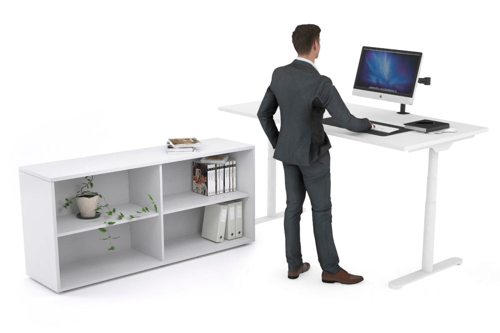 Flexi Premium Height Adjustable Desk Executive Setting [1600L x 700W]-white frame white open bookcase