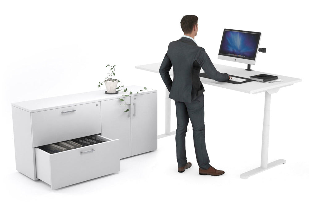 Flexi Premium Height Adjustable Desk Executive Setting [1600L x 700W]-white frame white 2 drawer 2 door filing cabinet