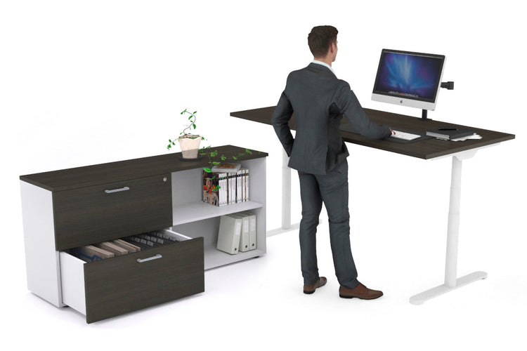 Flexi Premium Height Adjustable Desk Executive Setting [1600L x 700W] Jasonl white frame dark oak 2 drawer open filing cabinet