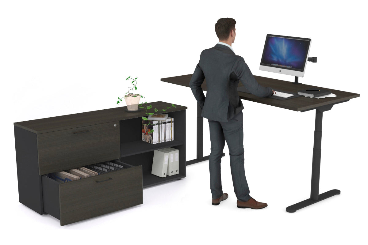 Flexi Premium Height Adjustable Desk Executive Setting [1600L x 700W] Jasonl black frame dark oak 2 drawer open filing cabinet