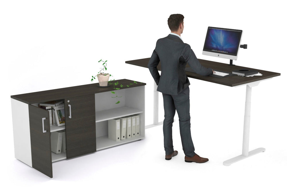 Flexi Premium Height Adjustable Desk Executive Setting [1600L x 700W]-white frame dark oak 2 door open storage cabinet