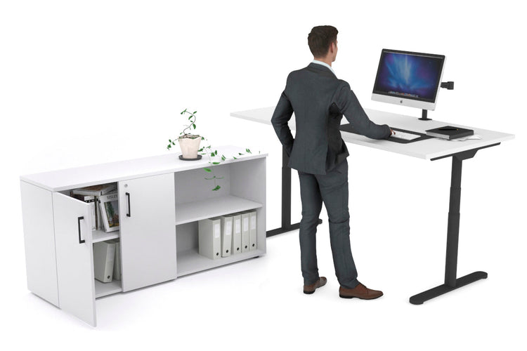 Flexi Premium Height Adjustable Desk Executive Setting [1600L x 700W] Jasonl black frame white 2 door open storage cabinet