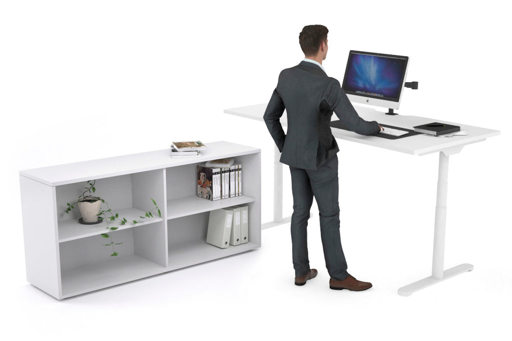 Flexi Premium Height Adjustable Desk Executive Setting [1600L x 800W with cable scallop]-white frame white open bookcase