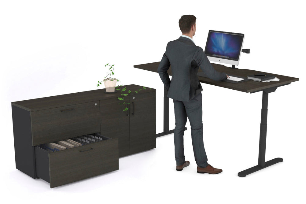 Flexi Premium Height Adjustable Desk Executive Setting [1600L x 800W with cable scallop]-black frame dark oak 2 drawer 2 door filing cabinet