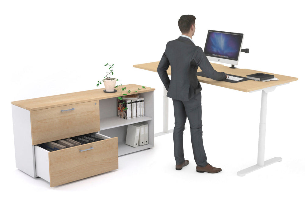 Flexi Premium Height Adjustable Desk Executive Setting [1600L x 800W with cable scallop]-white frame maple 2 drawer open filing cabinet