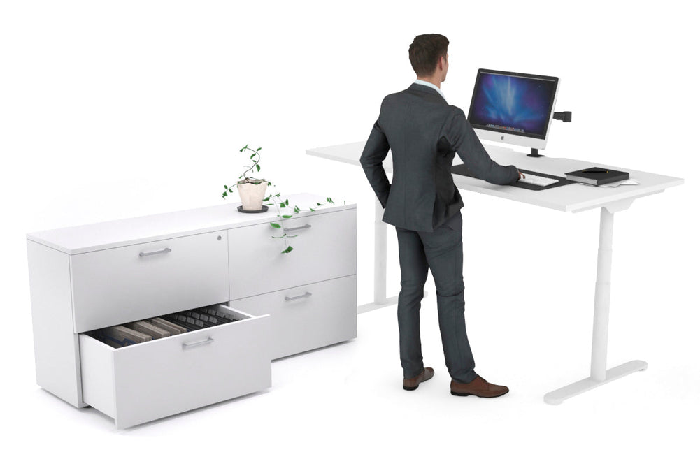 Flexi Premium Height Adjustable Desk Executive Setting [1600L x 800W with cable scallop]-white frame white 4 drawer lateral filing cabinet
