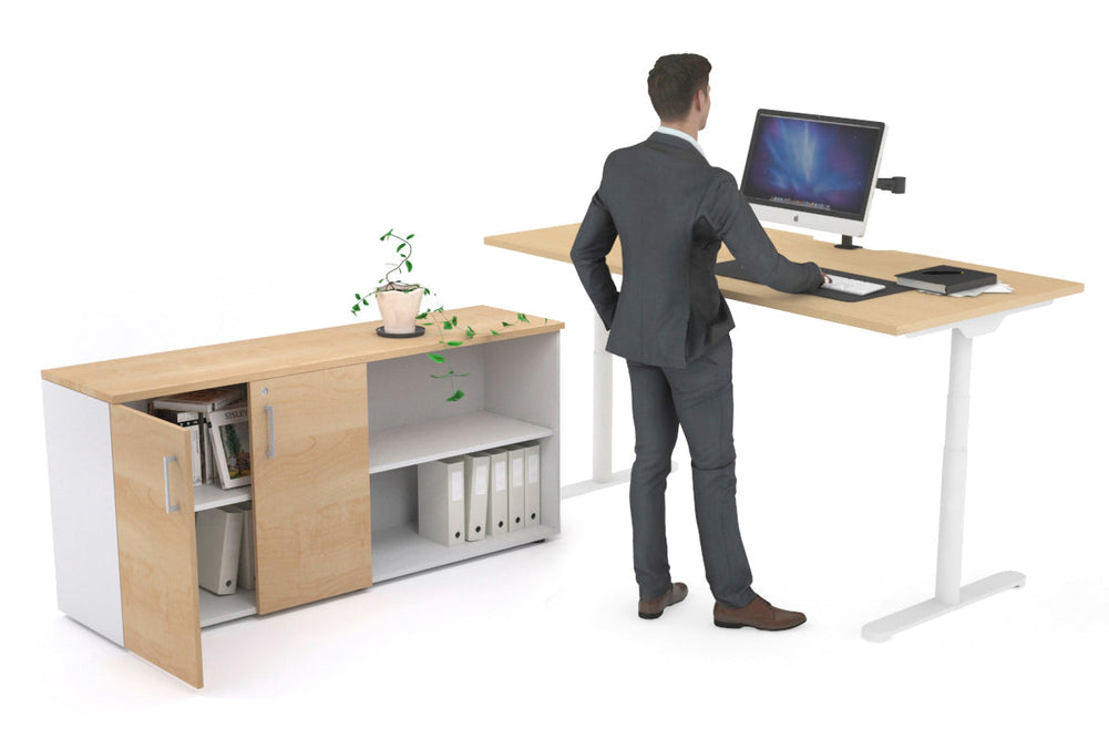 Flexi Premium Height Adjustable Desk Executive Setting [1600L x 800W with cable scallop]-white frame maple 2 door open storage cabinet