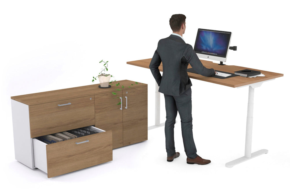 Flexi Premium Height Adjustable Desk Executive Setting [1600L x 800W with cable scallop]-white frame salvage oak 2 drawer 2 door filing cabinet