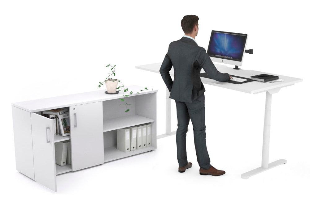 Flexi Premium Height Adjustable Desk Executive Setting [1600L x 800W with cable scallop]-white frame white 2 door open storage cabinet