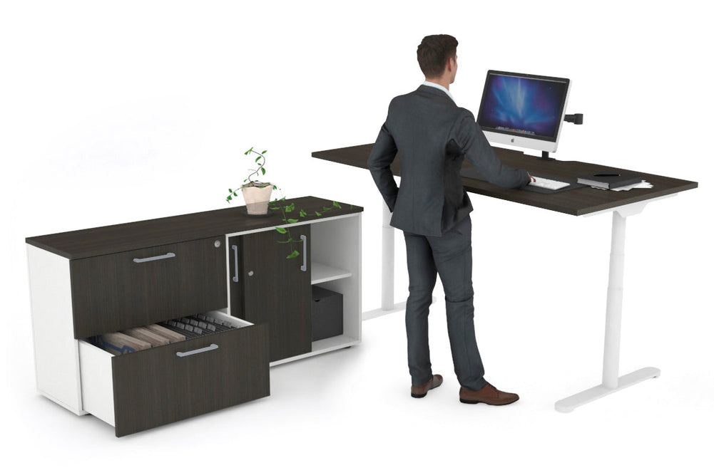 Flexi Premium Height Adjustable Desk Executive Setting [1600L x 800W with cable scallop]-white frame dark oak 2 drawer lateral sliding door credenza
