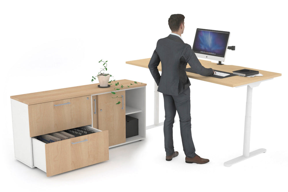 Flexi Premium Height Adjustable Desk Executive Setting [1600L x 800W with cable scallop]-white frame maple 2 drawer lateral sliding door credenza