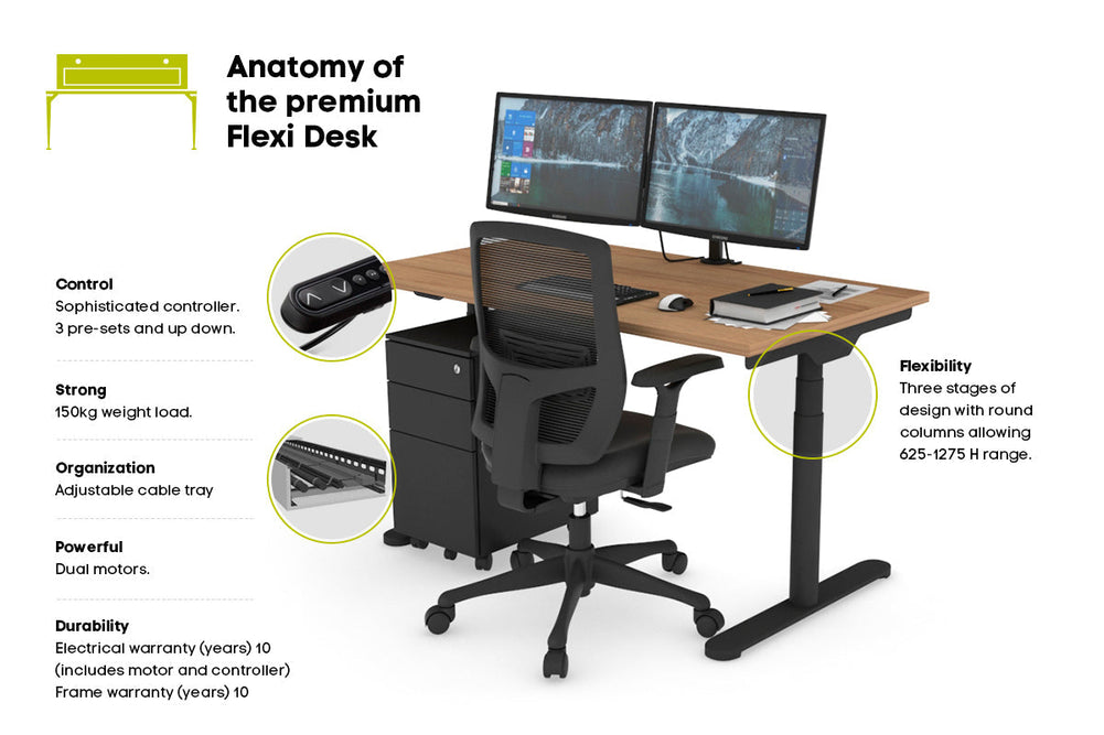 Flexi Premium Height Adjustable Desk Executive Setting [1600L x 800W with cable scallop]-black frame dark oak 4 drawer lateral filing cabinet