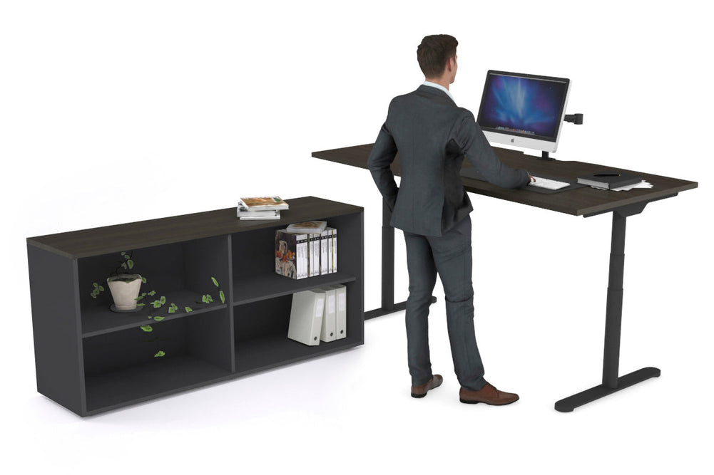 Flexi Premium Height Adjustable Desk Executive Setting [1600L x 800W with cable scallop]-black frame dark oak open bookcase