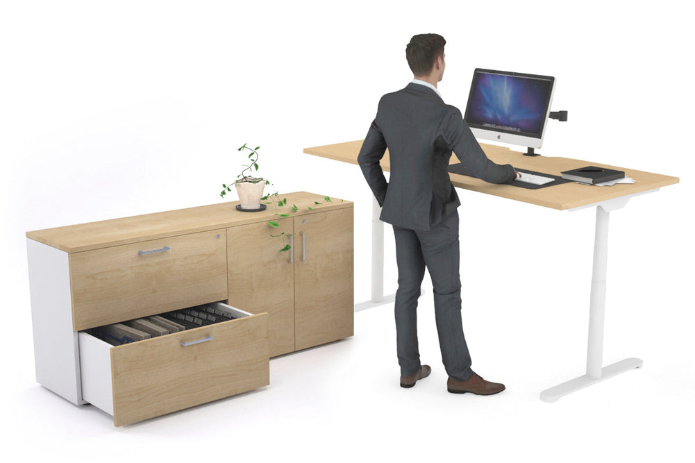 Flexi Premium Height Adjustable Desk Executive Setting [1600L x 800W with cable scallop]-white frame maple 2 drawer 2 door filing cabinet