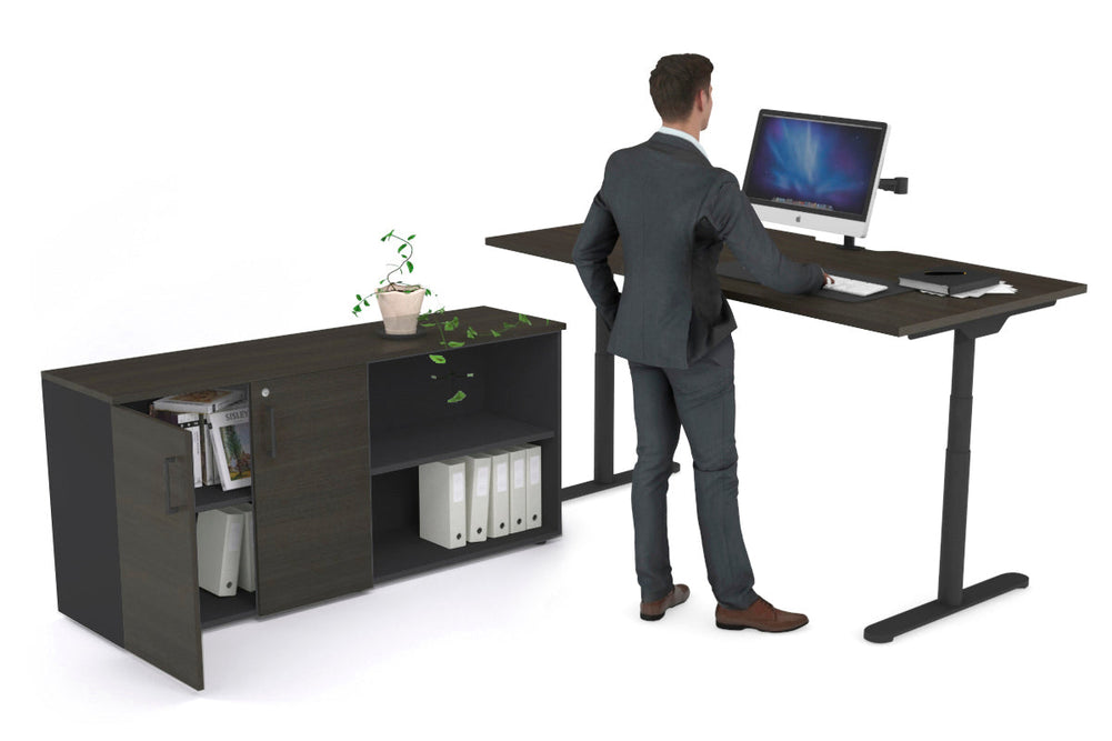 Flexi Premium Height Adjustable Desk Executive Setting [1600L x 800W with cable scallop]-black frame dark oak 2 door open storage cabinet