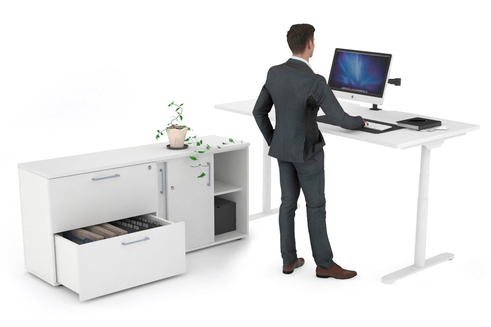 Flexi Premium Height Adjustable Desk Executive Setting [1600L x 800W with cable scallop]-white frame white 2 drawer lateral sliding door credenza