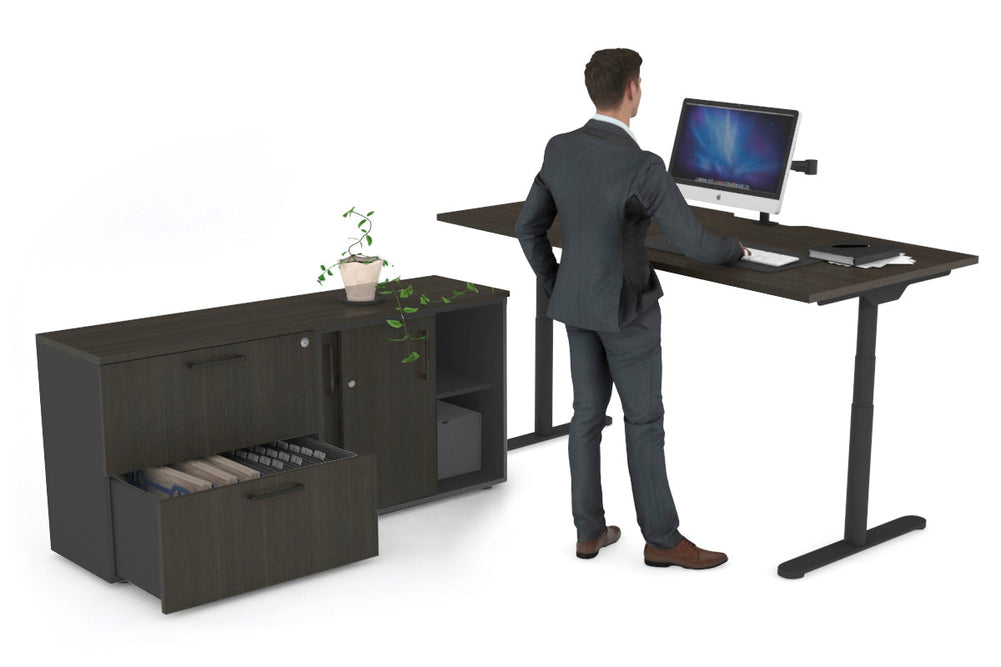 Flexi Premium Height Adjustable Desk Executive Setting [1600L x 800W with cable scallop]-black frame dark oak 2 drawer lateral sliding door credenza