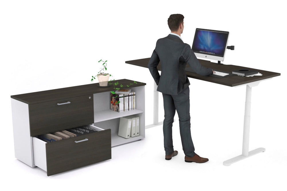Flexi Premium Height Adjustable Desk Executive Setting [1600L x 800W with cable scallop]-white frame dark oak 2 drawer open filing cabinet