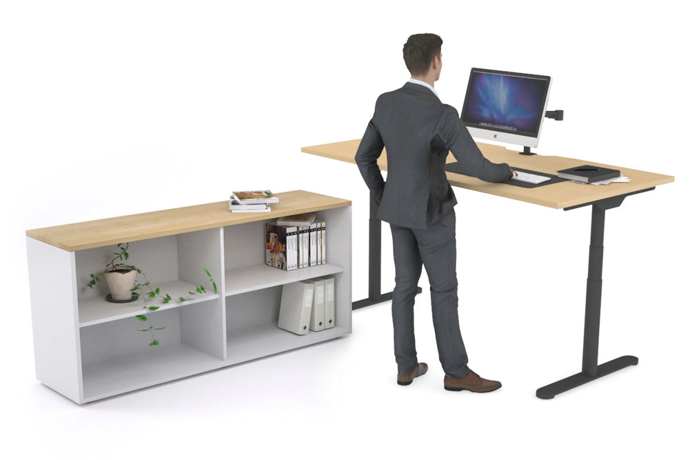 Flexi Premium Height Adjustable Desk Executive Setting [1600L x 800W with cable scallop]-black frame maple open bookcase