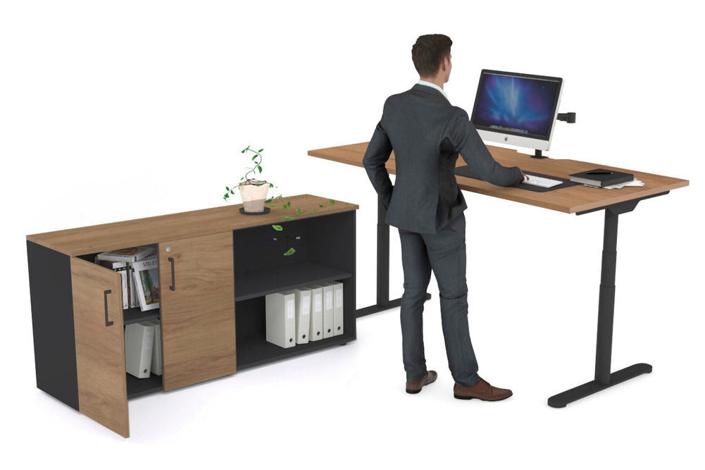 Flexi Premium Height Adjustable Desk Executive Setting [1600L x 800W with cable scallop]-black frame salvage oak 2 door open storage cabinet