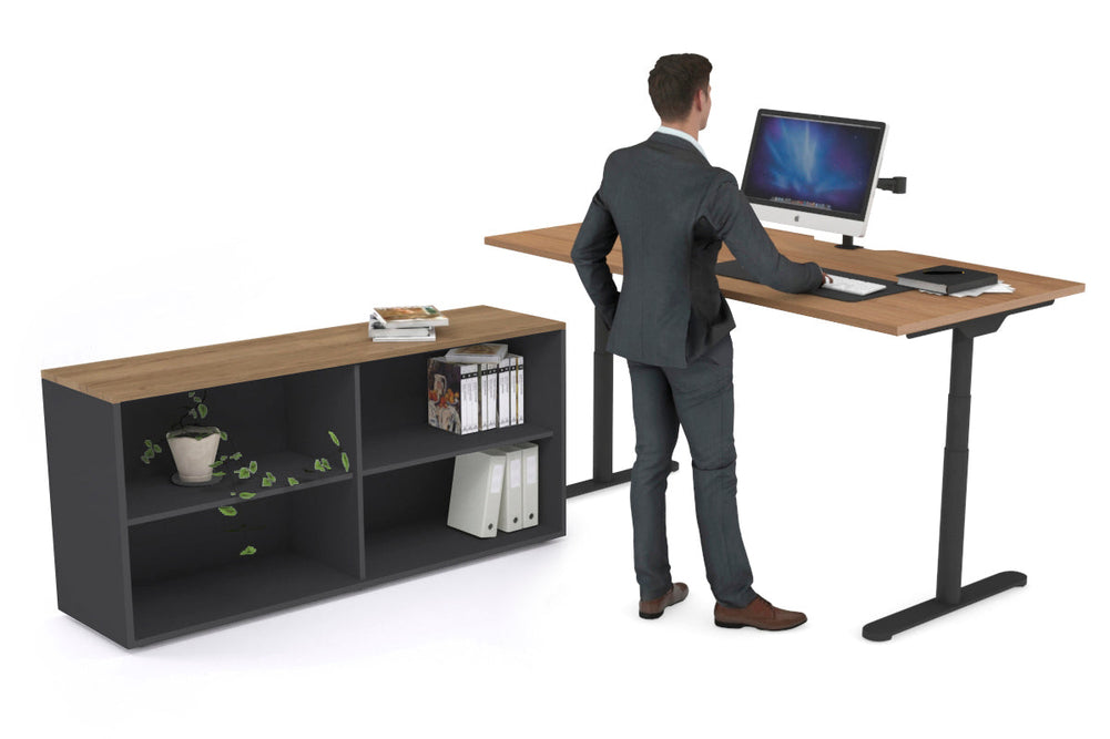 Flexi Premium Height Adjustable Desk Executive Setting [1600L x 800W with cable scallop]-black frame salvage oak open bookcase