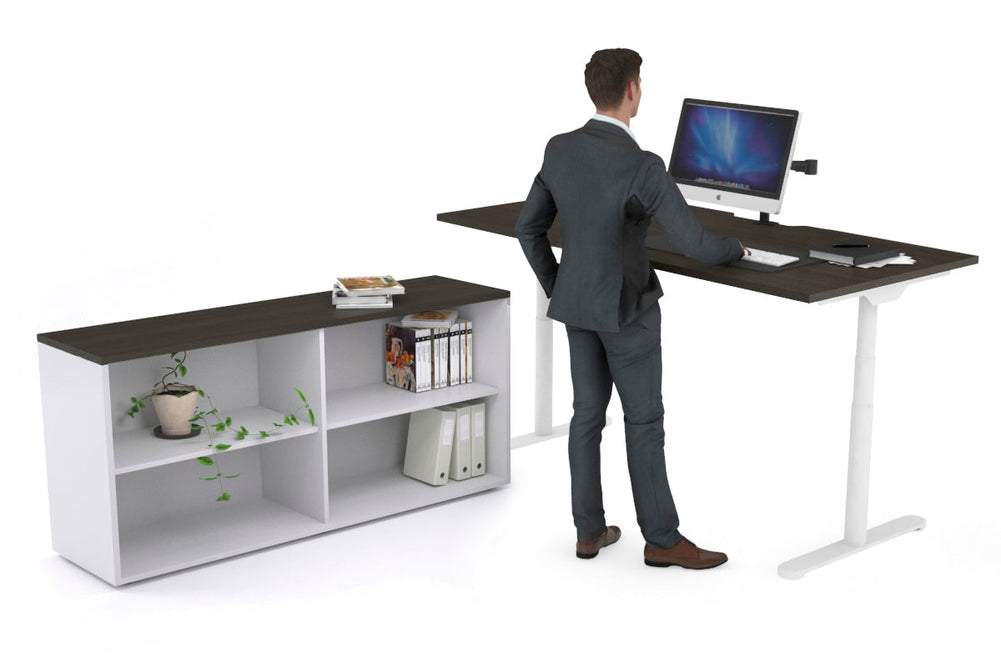 Flexi Premium Height Adjustable Desk Executive Setting [1600L x 800W with cable scallop]-white frame dark oak open bookcase