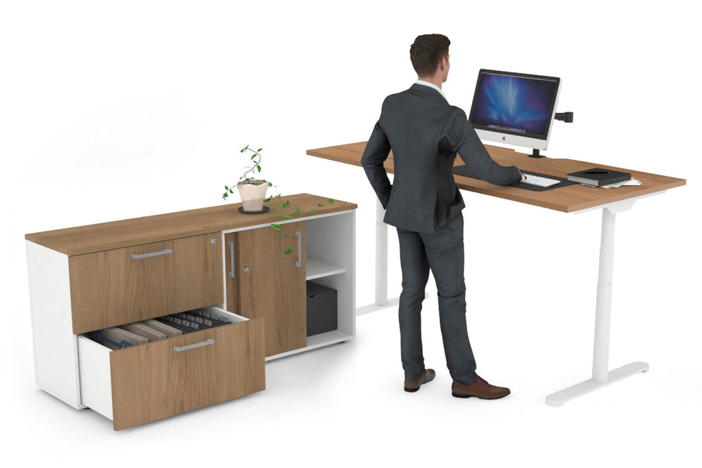 Flexi Premium Height Adjustable Desk Executive Setting [1600L x 800W with cable scallop]-white frame salvage oak 2 drawer lateral sliding door credenza