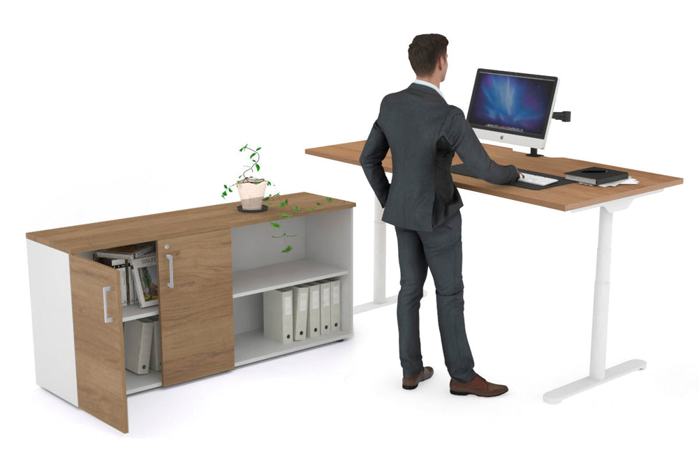 Flexi Premium Height Adjustable Desk Executive Setting [1600L x 800W with cable scallop]-white frame salvage oak 2 door open storage cabinet