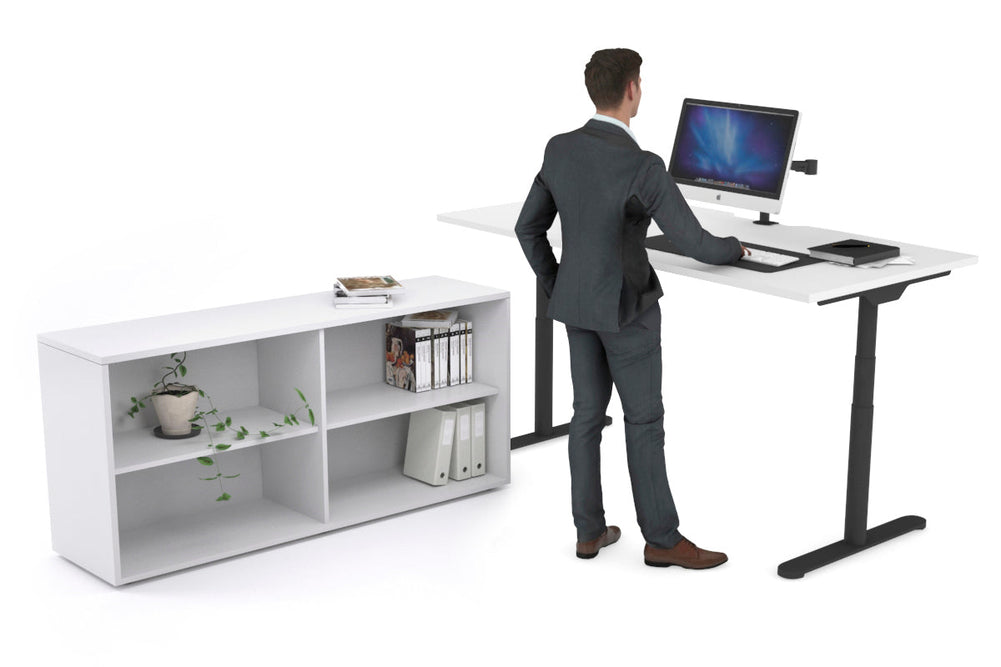 Flexi Premium Height Adjustable Desk Executive Setting [1600L x 800W with cable scallop]-black frame white open bookcase