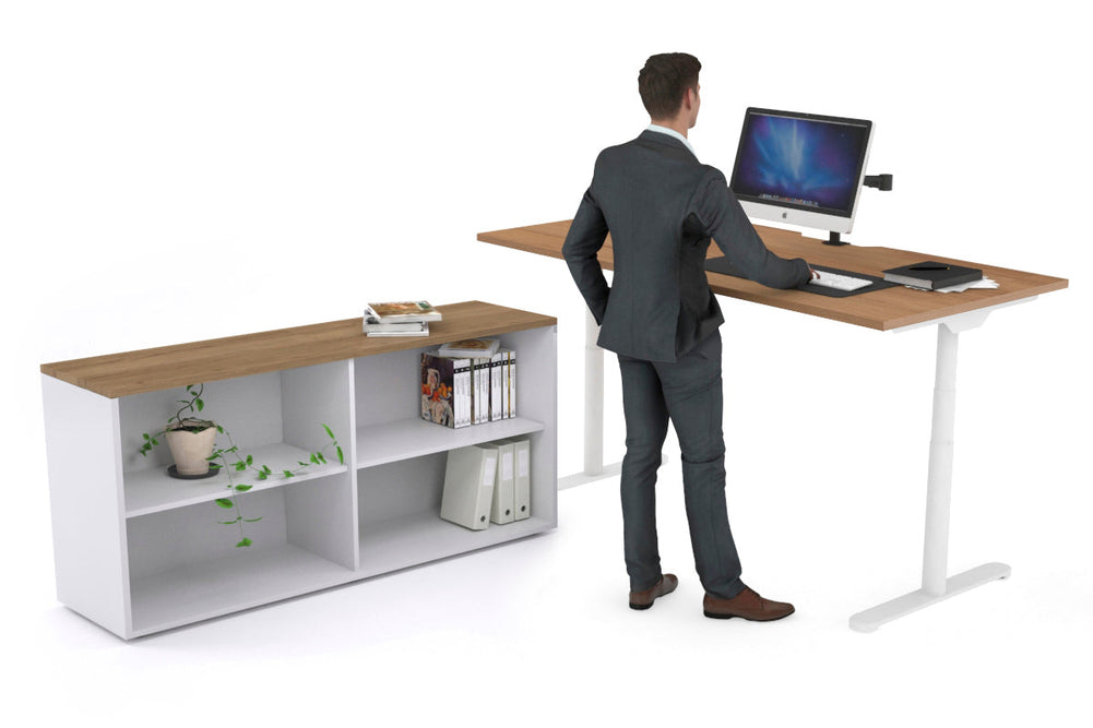 Flexi Premium Height Adjustable Desk Executive Setting [1600L x 800W with cable scallop]-white frame salvage oak open bookcase