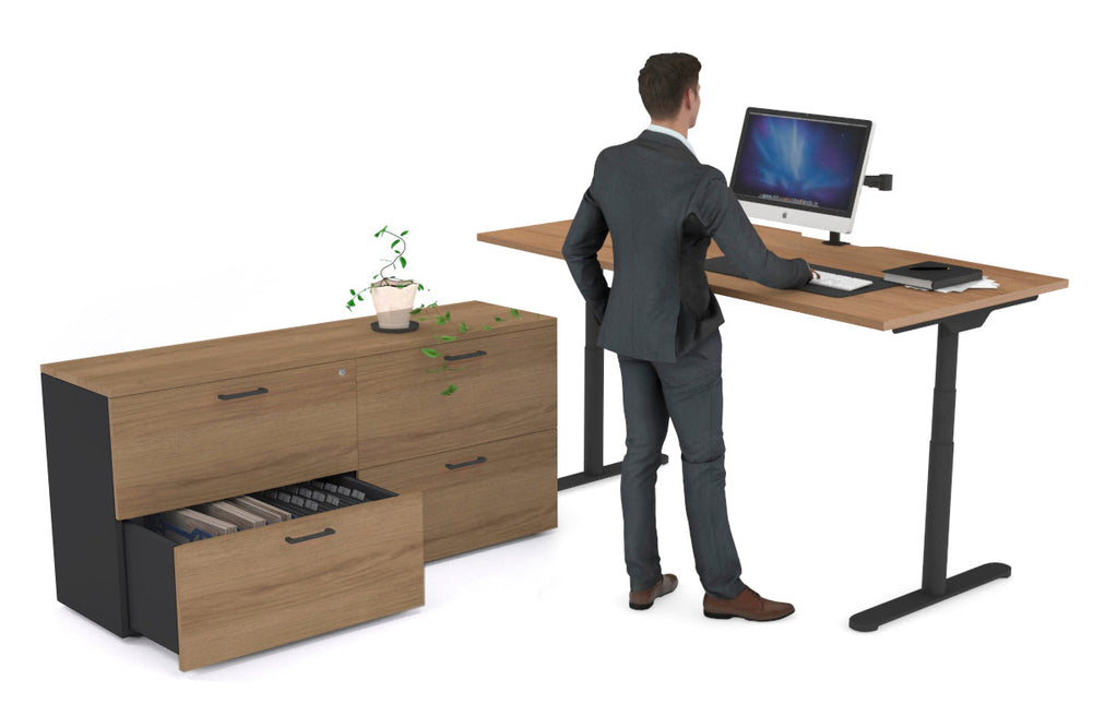 Flexi Premium Height Adjustable Desk Executive Setting [1600L x 800W with cable scallop]-black frame salvage oak 4 drawer lateral filing cabinet