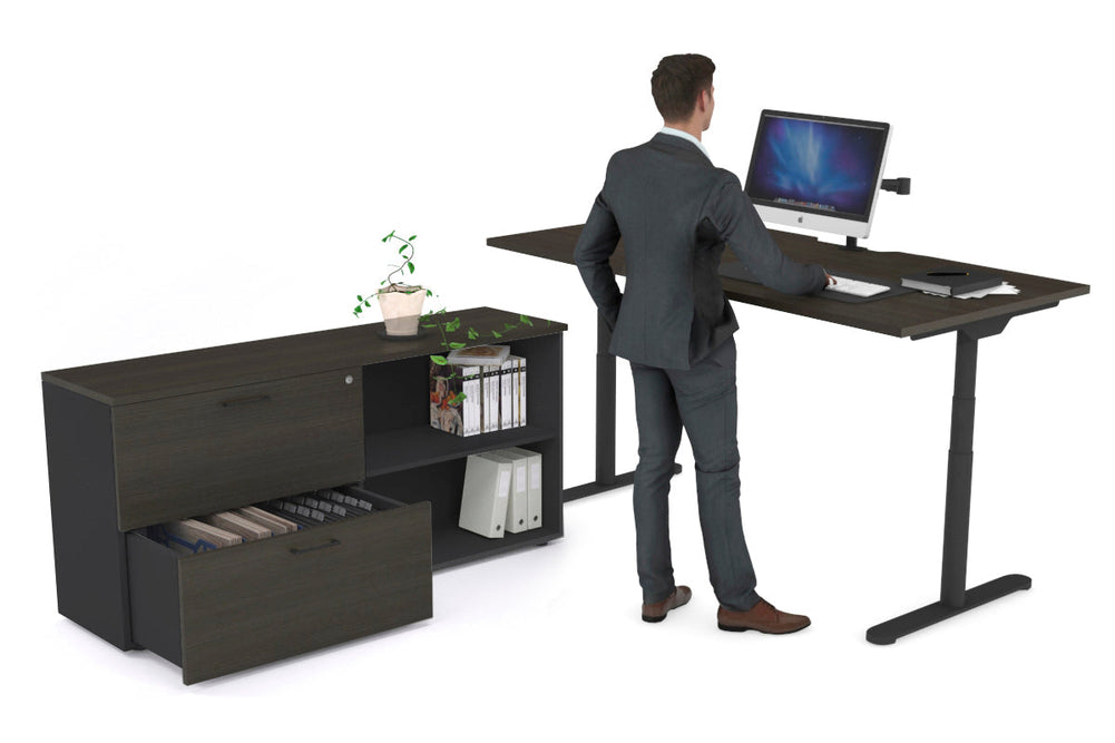 Flexi Premium Height Adjustable Desk Executive Setting [1600L x 800W with cable scallop]-black frame dark oak 2 drawer open filing cabinet