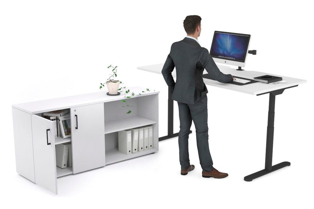 Flexi Premium Height Adjustable Desk Executive Setting [1600L x 800W with cable scallop]-black frame white 2 door open storage cabinet