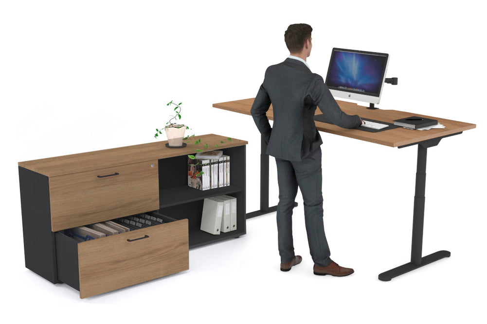 Flexi Premium Height Adjustable Desk Executive Setting [1600L x 800W with cable scallop]-black frame salvage oak 2 drawer open filing cabinet