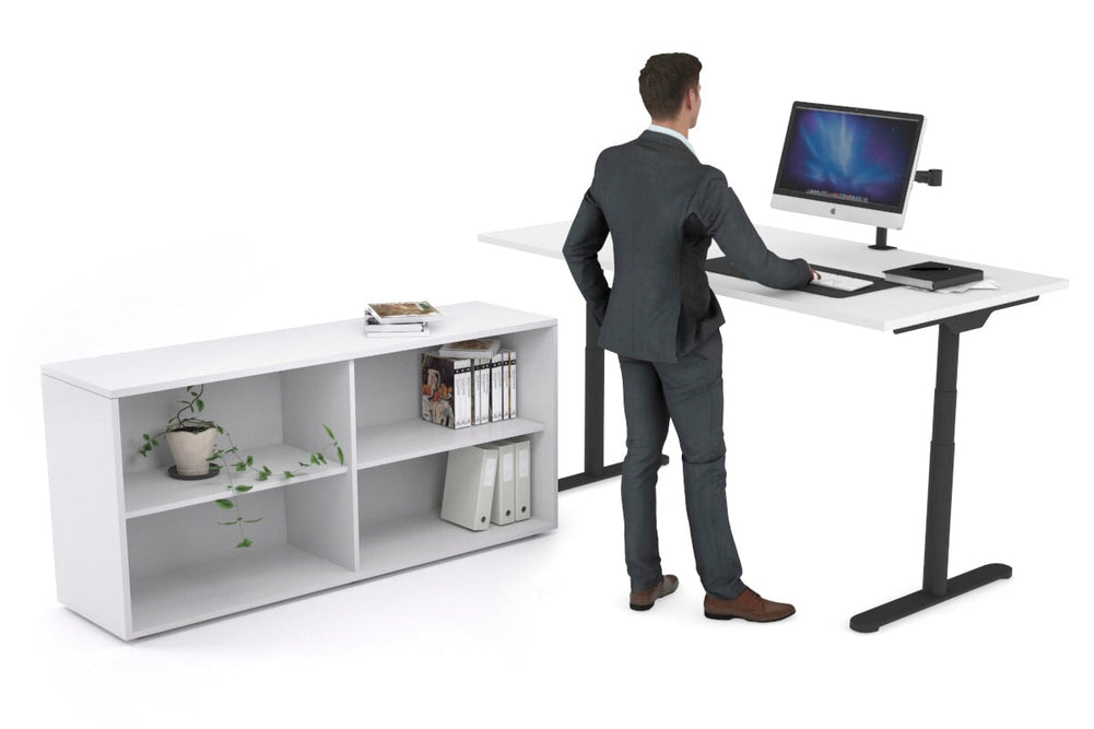 Flexi Premium Height Adjustable Desk Executive Setting [1600L x 800W with cable scallop]-black frame dark oak 4 drawer lateral filing cabinet