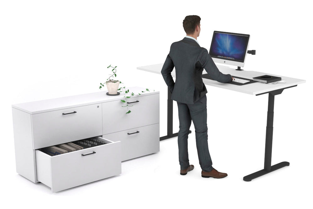 Flexi Premium Height Adjustable Desk Executive Setting [1600L x 800W with cable scallop]-black frame white 4 drawer lateral filing cabinet
