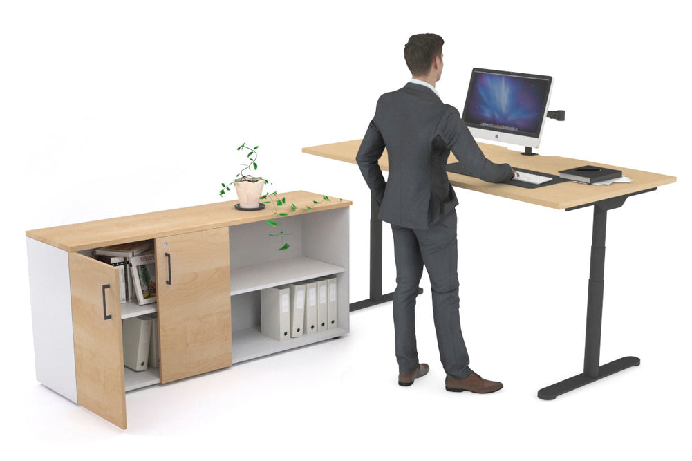 Flexi Premium Height Adjustable Desk Executive Setting [1600L x 800W with cable scallop]-black frame maple 2 door open storage cabinet