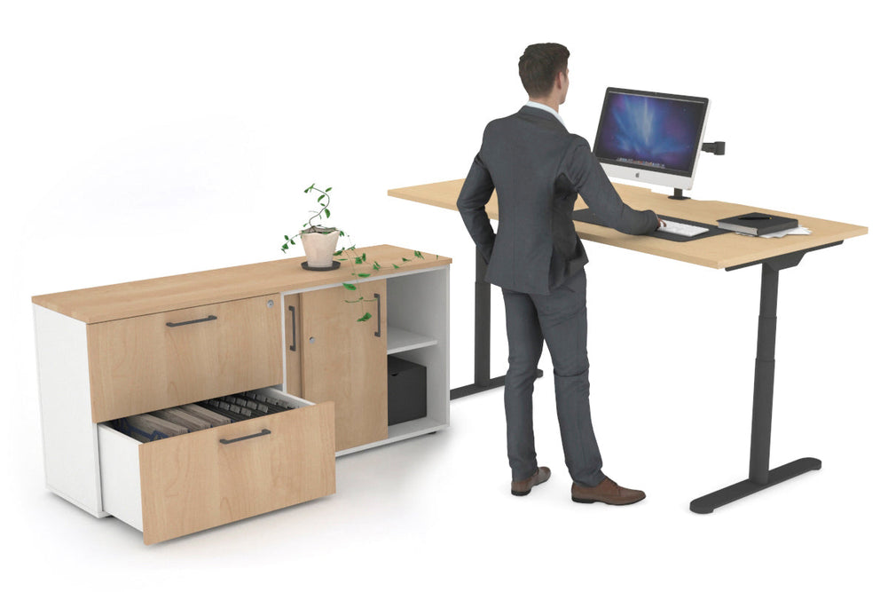 Flexi Premium Height Adjustable Desk Executive Setting [1600L x 800W with cable scallop]-black frame maple 2 drawer lateral sliding door credenza