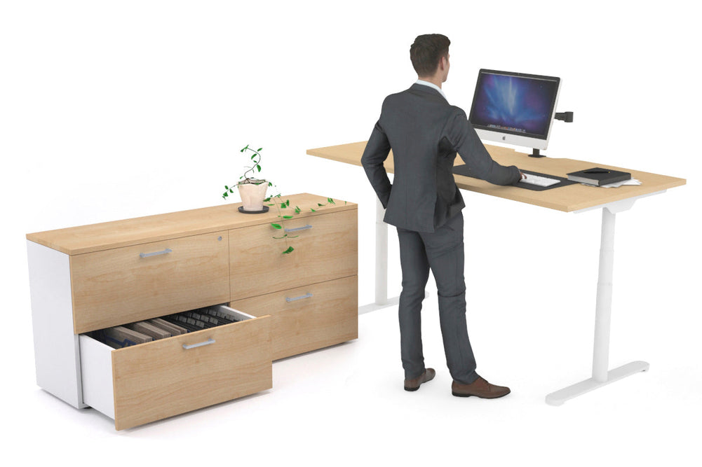 Flexi Premium Height Adjustable Desk Executive Setting [1600L x 800W with cable scallop]-white frame maple 4 drawer lateral filing cabinet