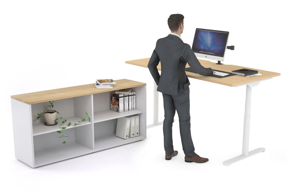 Flexi Premium Height Adjustable Desk Executive Setting [1600L x 800W with cable scallop]-white frame maple open bookcase