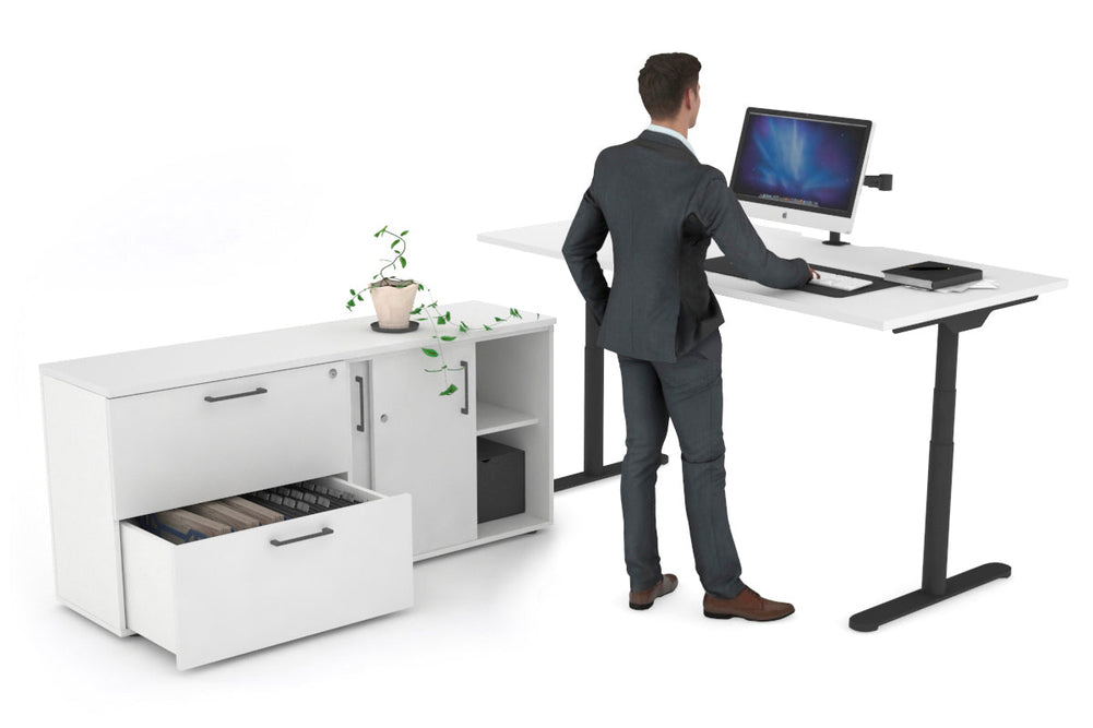Flexi Premium Height Adjustable Desk Executive Setting [1600L x 800W with cable scallop]-black frame white 2 drawer lateral sliding door credenza