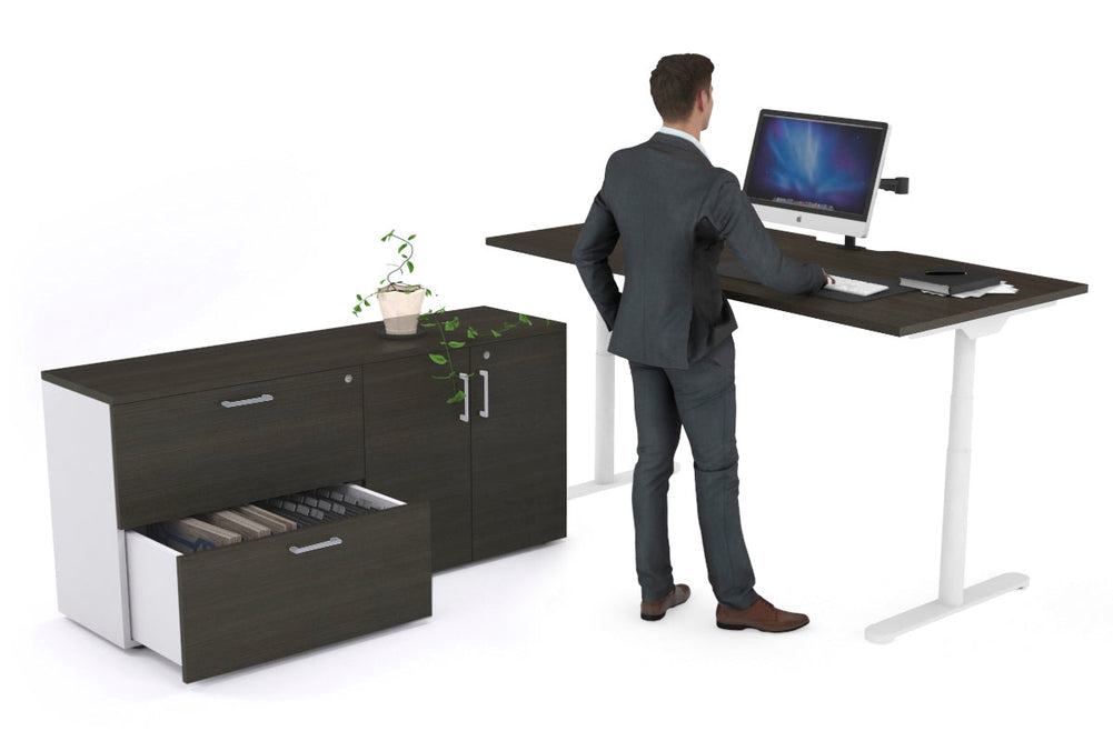 Flexi Premium Height Adjustable Desk Executive Setting [1600L x 800W with cable scallop]-white frame dark oak 2 drawer 2 door filing cabinet