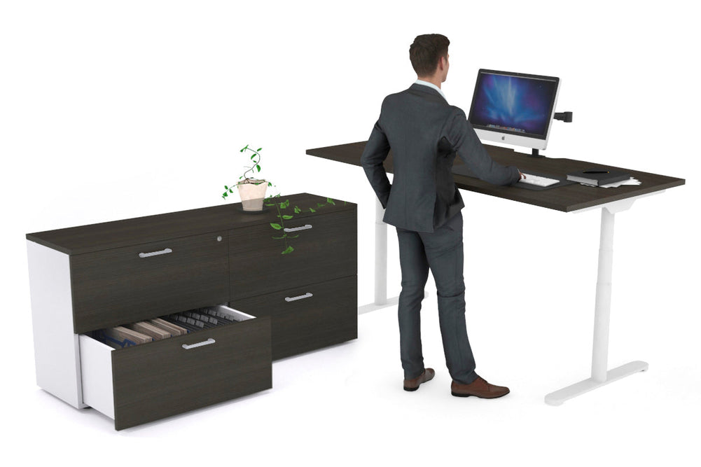 Flexi Premium Height Adjustable Desk Executive Setting [1600L x 800W with cable scallop]-white frame dark oak 4 drawer lateral filing cabinet