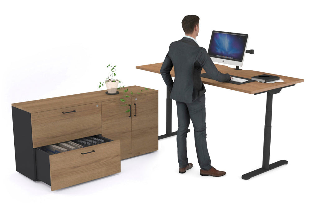 Flexi Premium Height Adjustable Desk Executive Setting [1600L x 800W with cable scallop]-black frame salvage oak 2 drawer 2 door filing cabinet