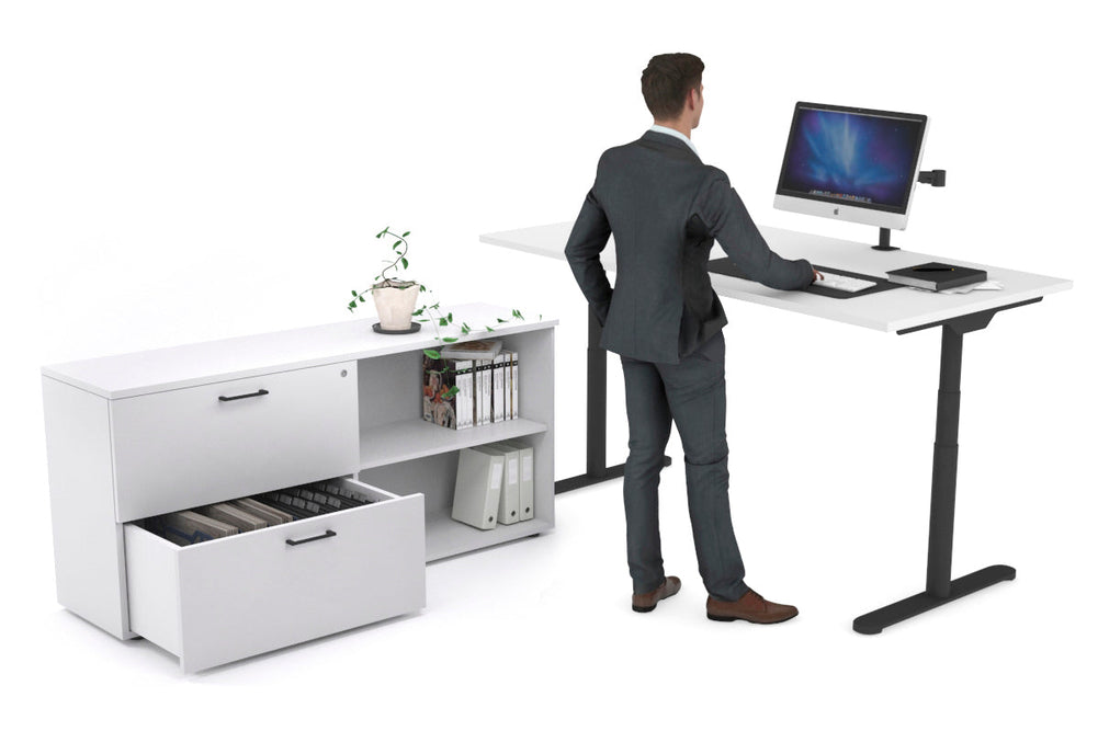 Flexi Premium Height Adjustable Desk Executive Setting [1800L x 700W]-black frame white 2 drawer open filing cabinet