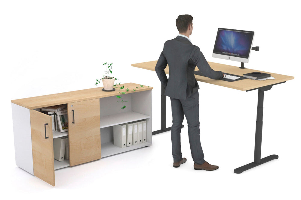 Flexi Premium Height Adjustable Desk Executive Setting [1800L x 700W]-black frame maple 2 door open storage cabinet