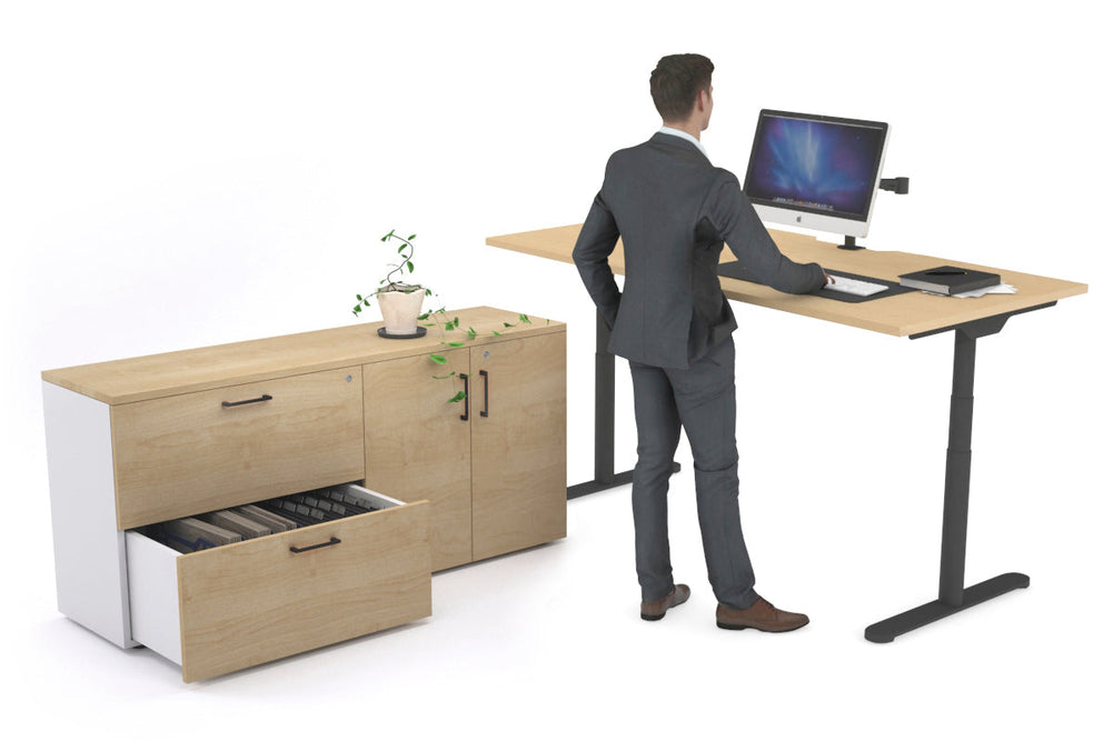 Flexi Premium Height Adjustable Desk Executive Setting [1800L x 800W with cable scallop]-black frame maple 2 drawer 2 door filing cabinet