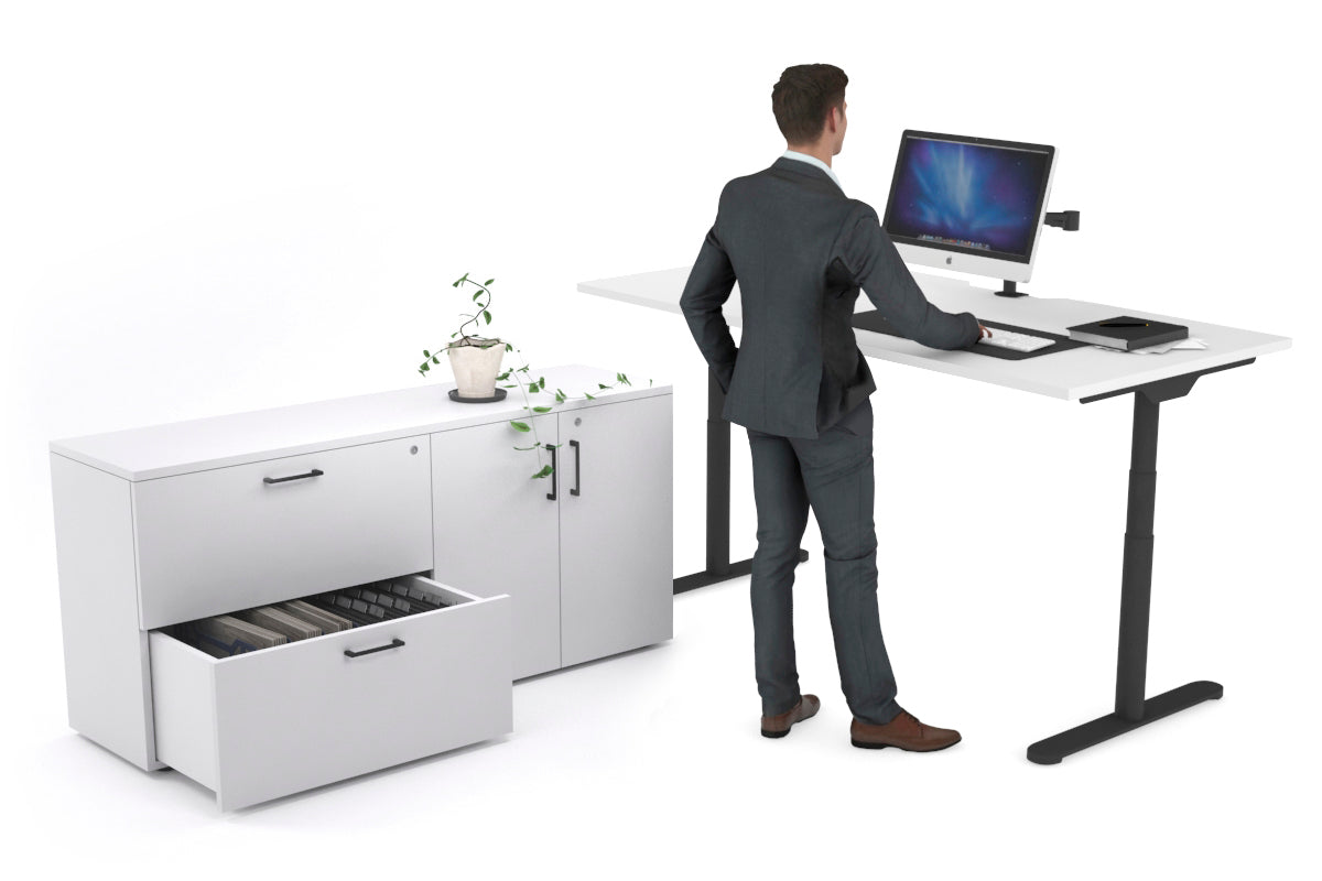 Flexi Premium Height Adjustable Desk Executive Setting [1800L x 800W with cable scallop] Jasonl black frame white 2 drawer 2 door filing cabinet