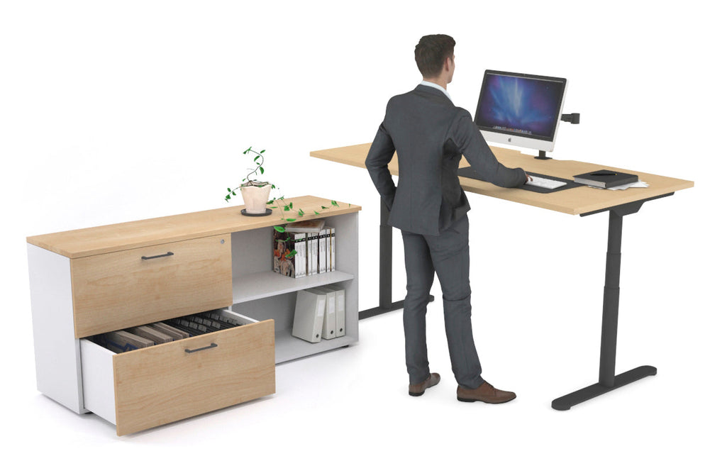 Flexi Premium Height Adjustable Desk Executive Setting [1800L x 800W with cable scallop]-black frame maple 2 drawer open filing cabinet