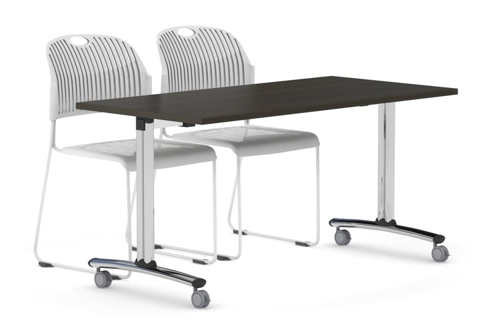 Folding / Flip Top Mobile Meeting Room Table with Wheel Chrome Legs Domino [1200L x 800W]-dark oak  